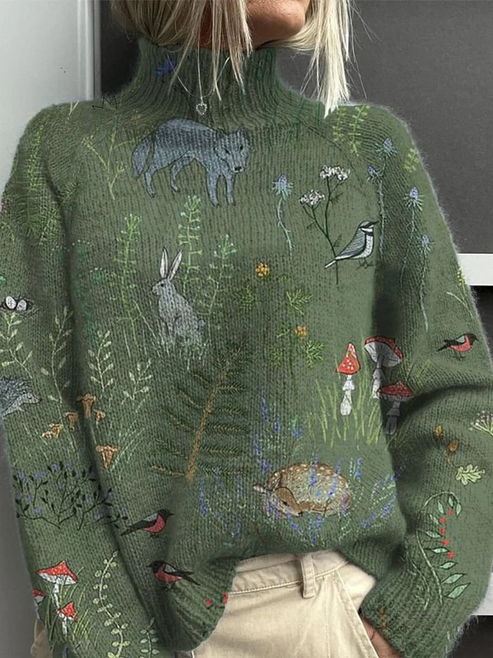 Sweter z nadrukiem leśnym i zwierzęcym, dzianinowy, z golfem